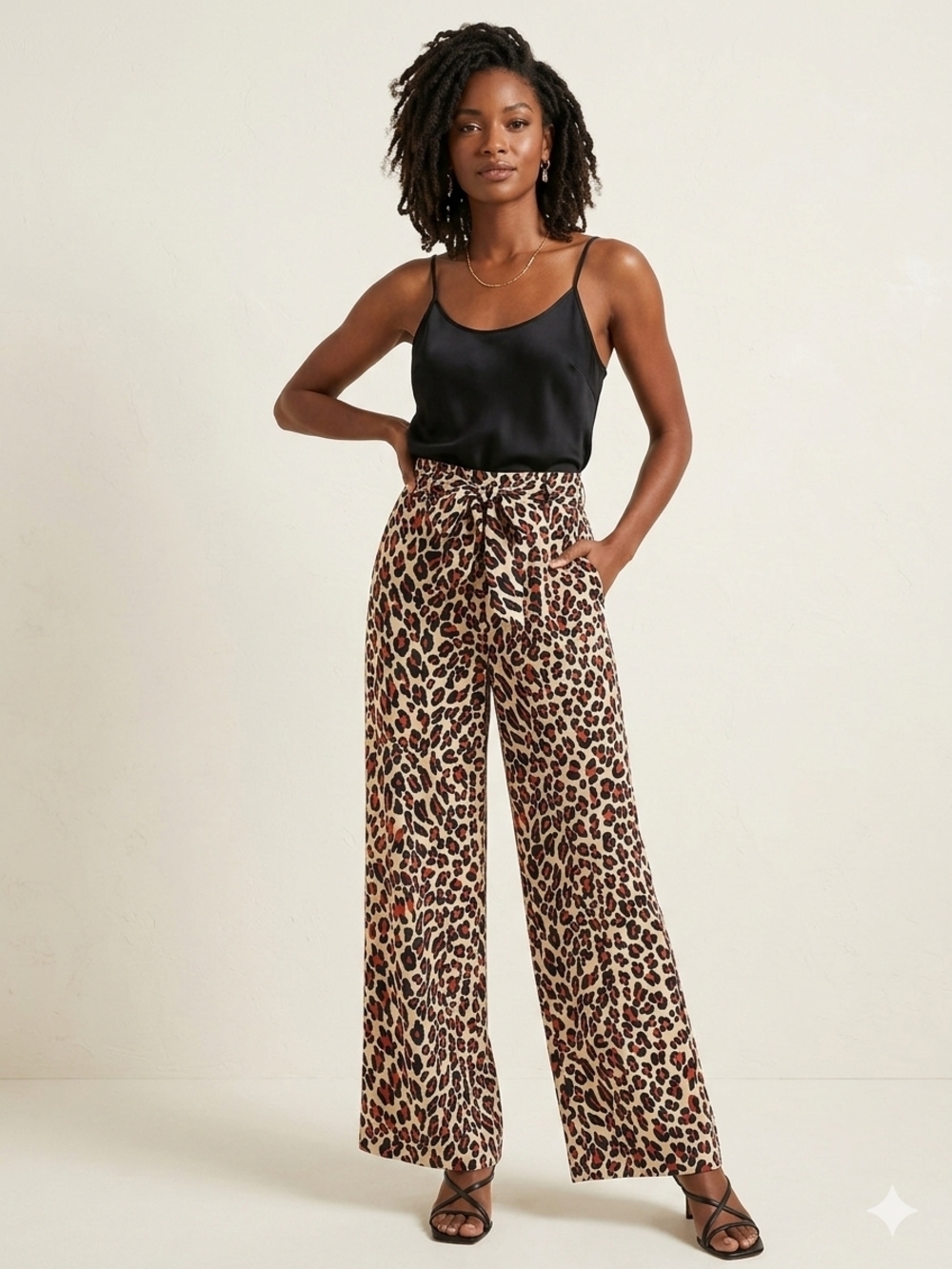 New York & Company | Leopard Print Wide-Leg Tie-Waist Pants - Beige/Black/Brown